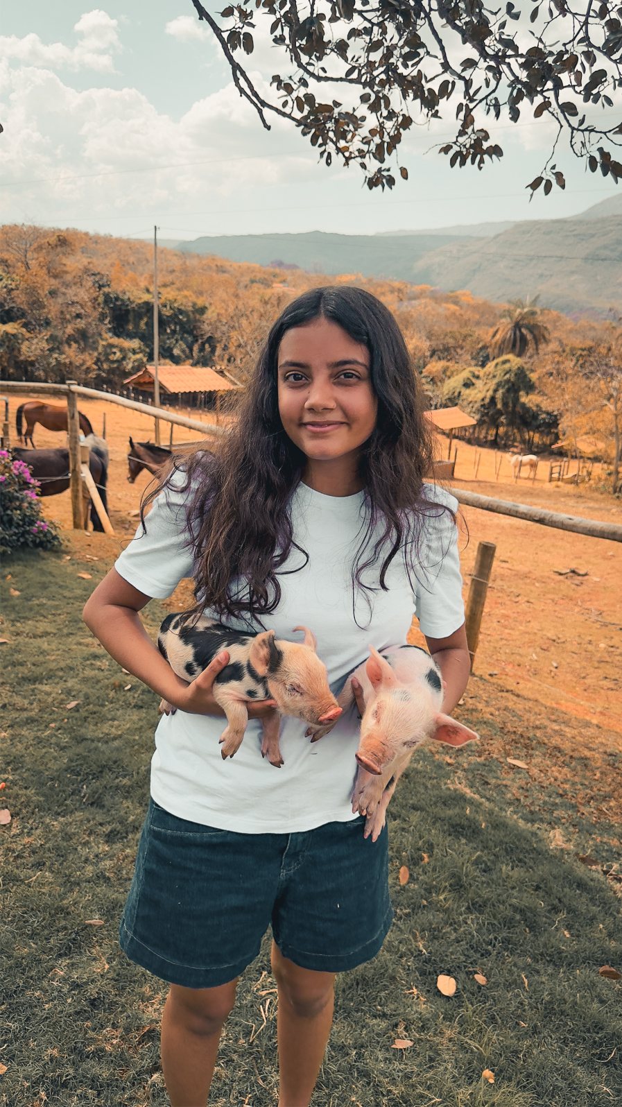 Menina sorrindo com dois porquinhos no colo